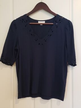 Charter Club Women's Petite Medium Navy Blue with Cutwork Embrioidery